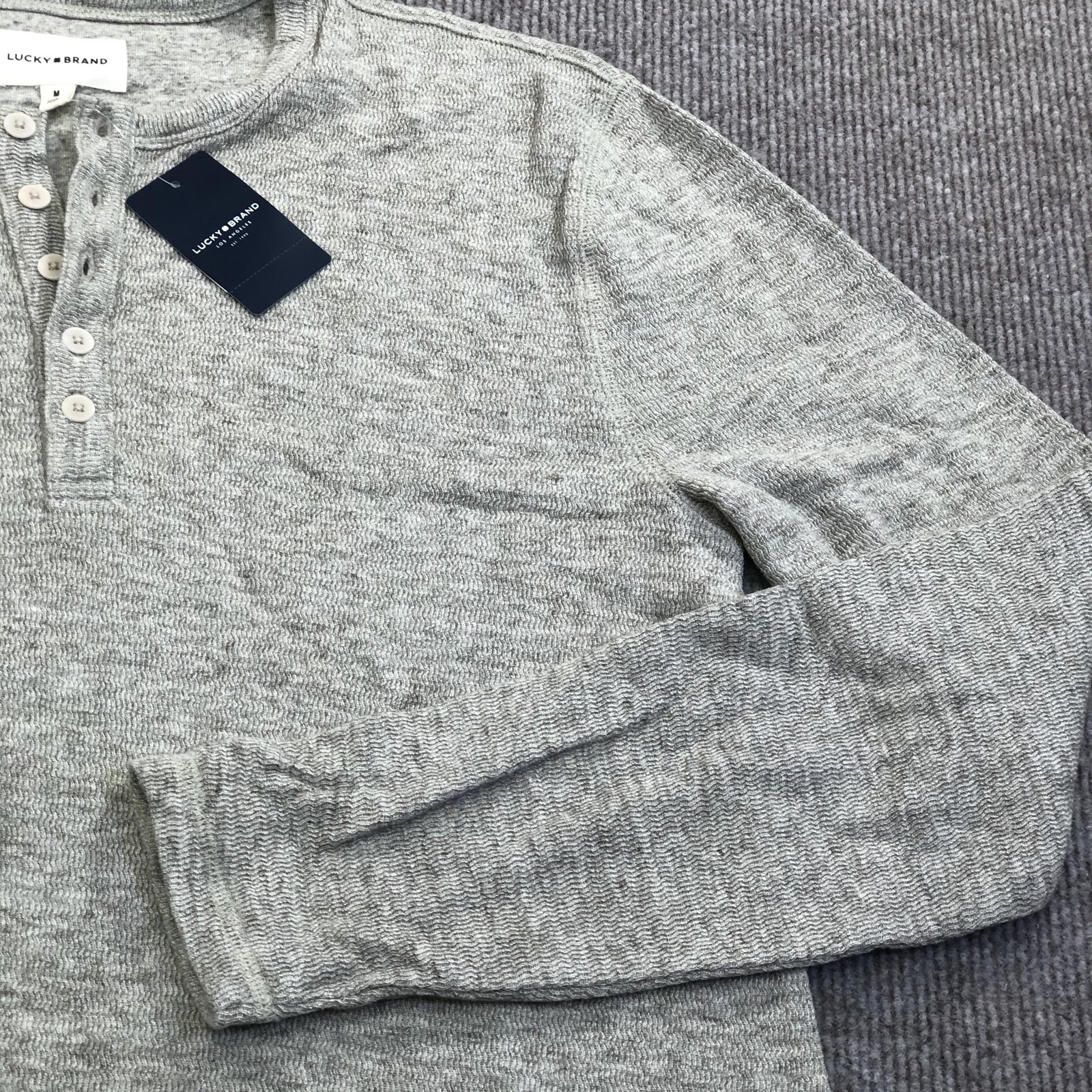 Lucky Brand Shirt Mens Medium Beige Jacquard Henley Long Sleeve Knit Tee Sample