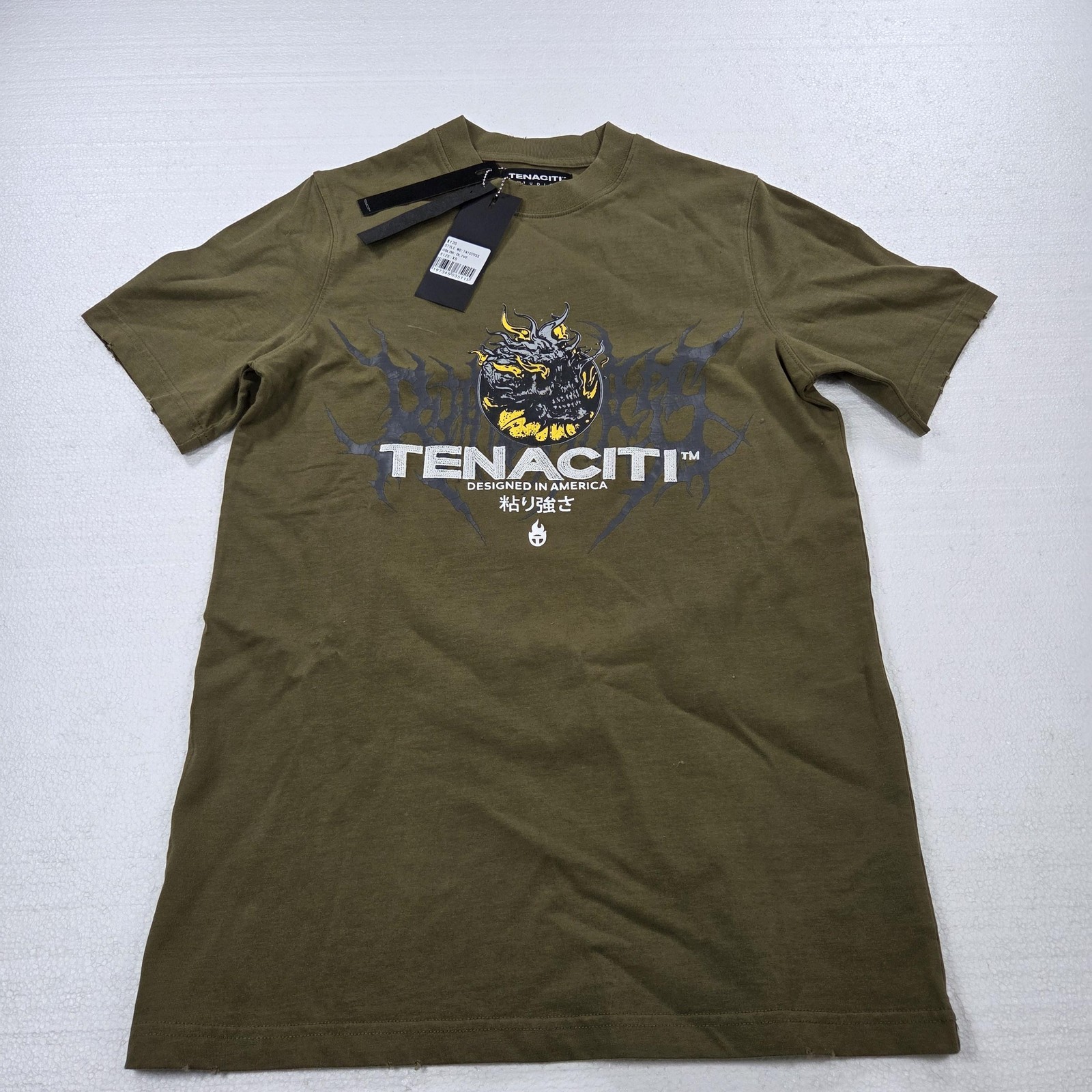TENACITI Studios Shirt Mens XS Olive Graphic Skull Kanji Streetwear Tee TN1629SS