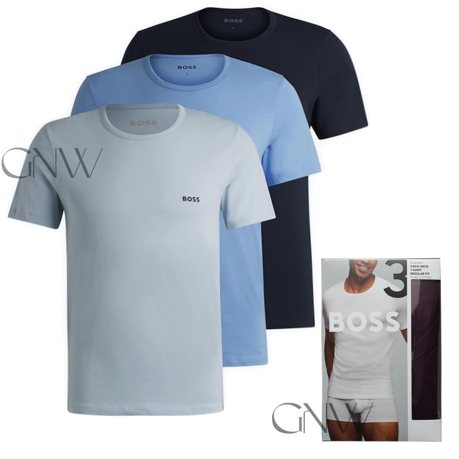 BOSS MEN CREW NECK SS LOGO T SHIRT 3 PACK ORGANIC COTTON Colour BLUES Was £45