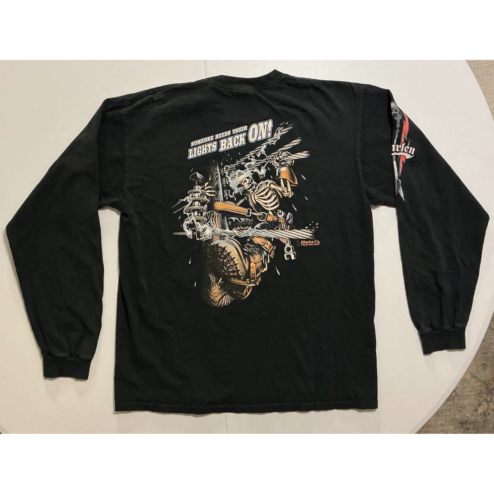 VTG Y2K JHarlen Co T-Shirt Skull Electric Worker Long Sleeve Shirt Mens L Black