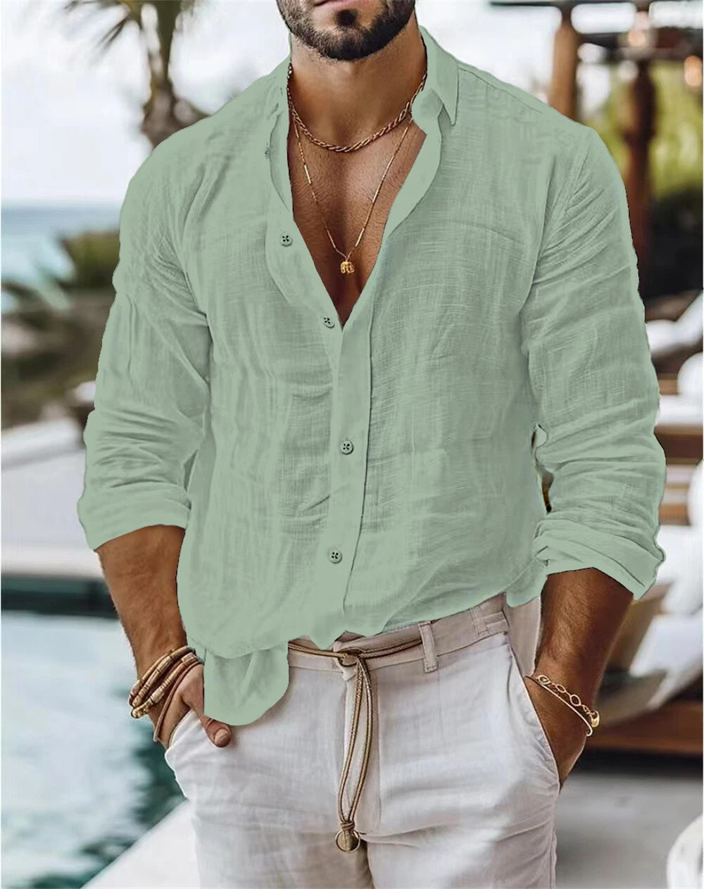 Men’s Linen Shirt Casual Shirts Long Sleeve Button Down Tops Blouse