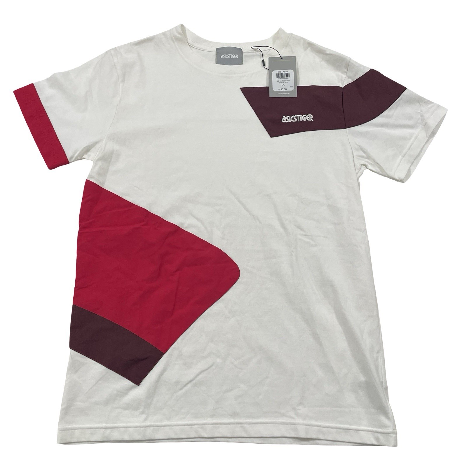 Asics Tiger Size L White Red, Burgundy Colorblock Tee (Retail $55)