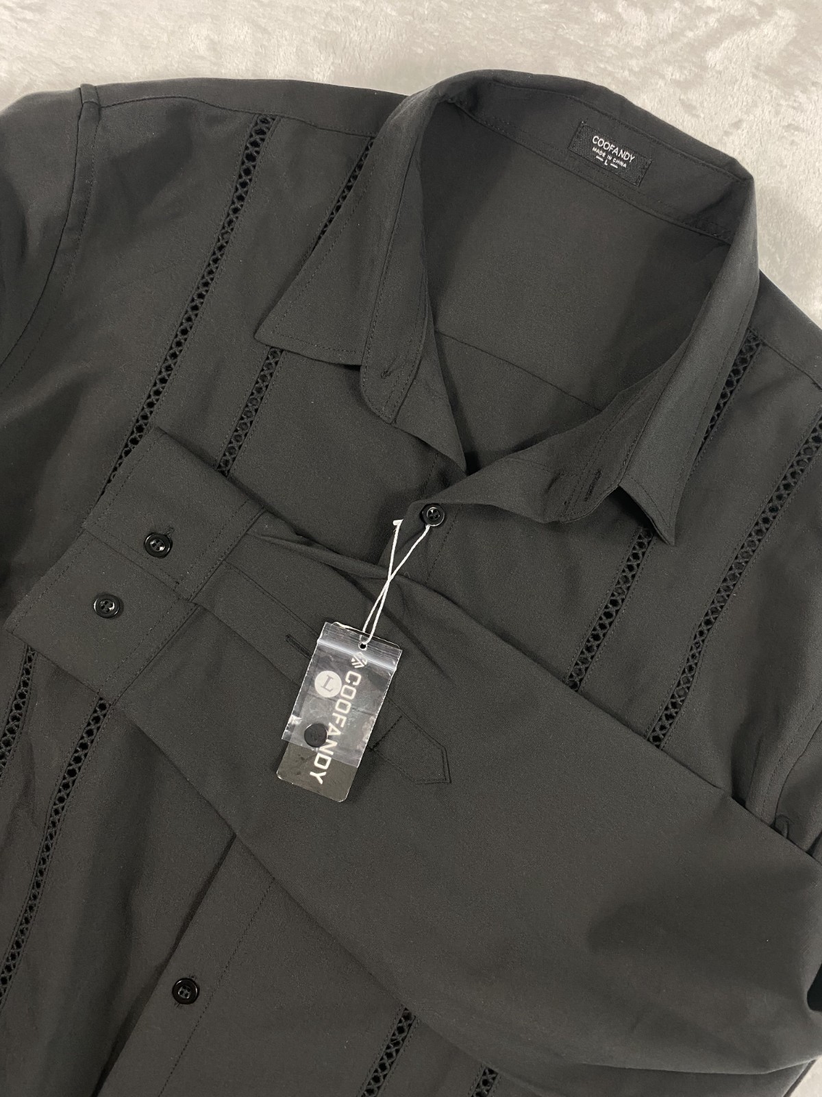 NWT Coofandy Button Up Shirt Men Sz L Black Long Sleeve Vacation Cuban