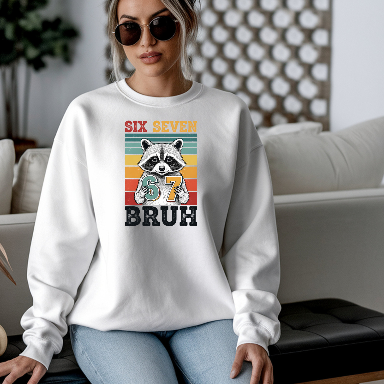 Vintage Raccoon 67 Bruh Six Seven Meme, unisex Crewneck Sweatshirt