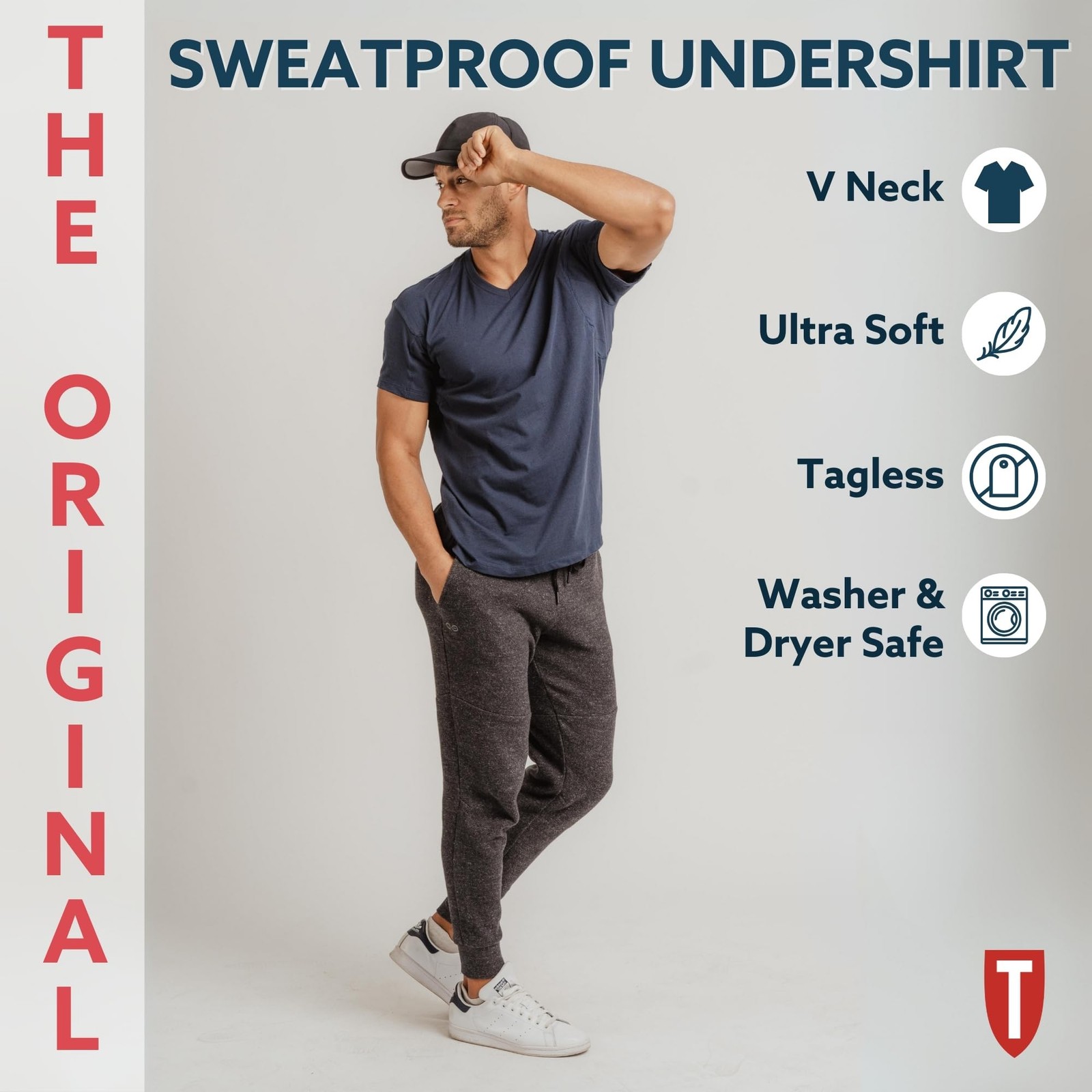Mens Sweatproof Undershirt – Cotton V Neck T-Shirt with Underarm Sweat Pads –