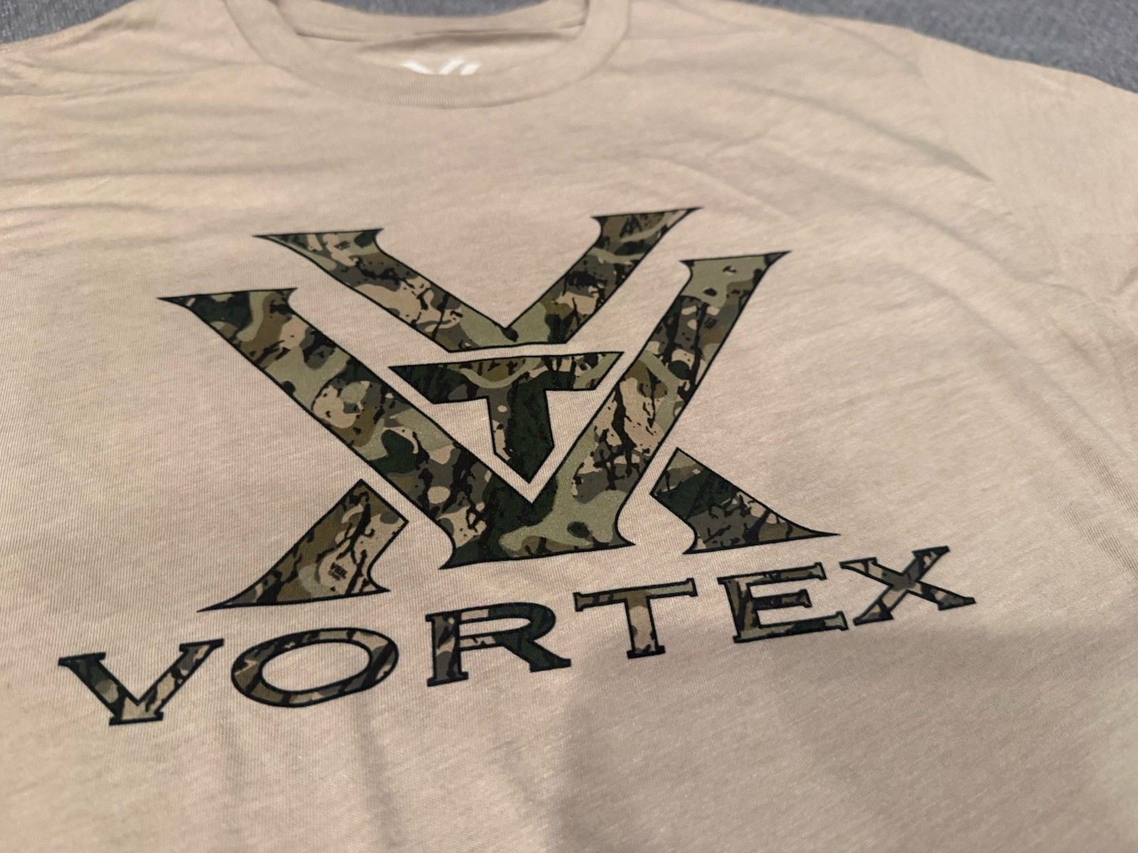 Vortex Unisex T-Shirt -Size Small Tee – Tan – Tagless Collar – Soft Fabric!