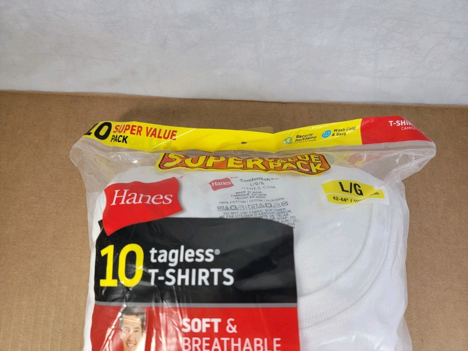 Hanes Men’s 10-Pack White Crewneck T-Shirts Size Large Tagless Super Value Pack