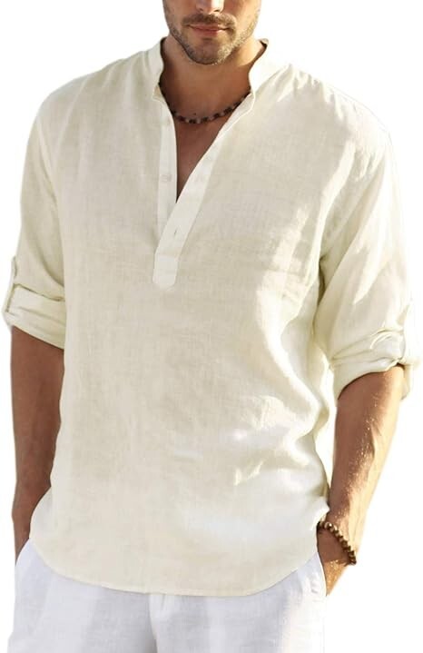 COOFANDY Men’s Cotton Linen Henley T-Shirt Long Sleeve Hippie Casual Beach Beige