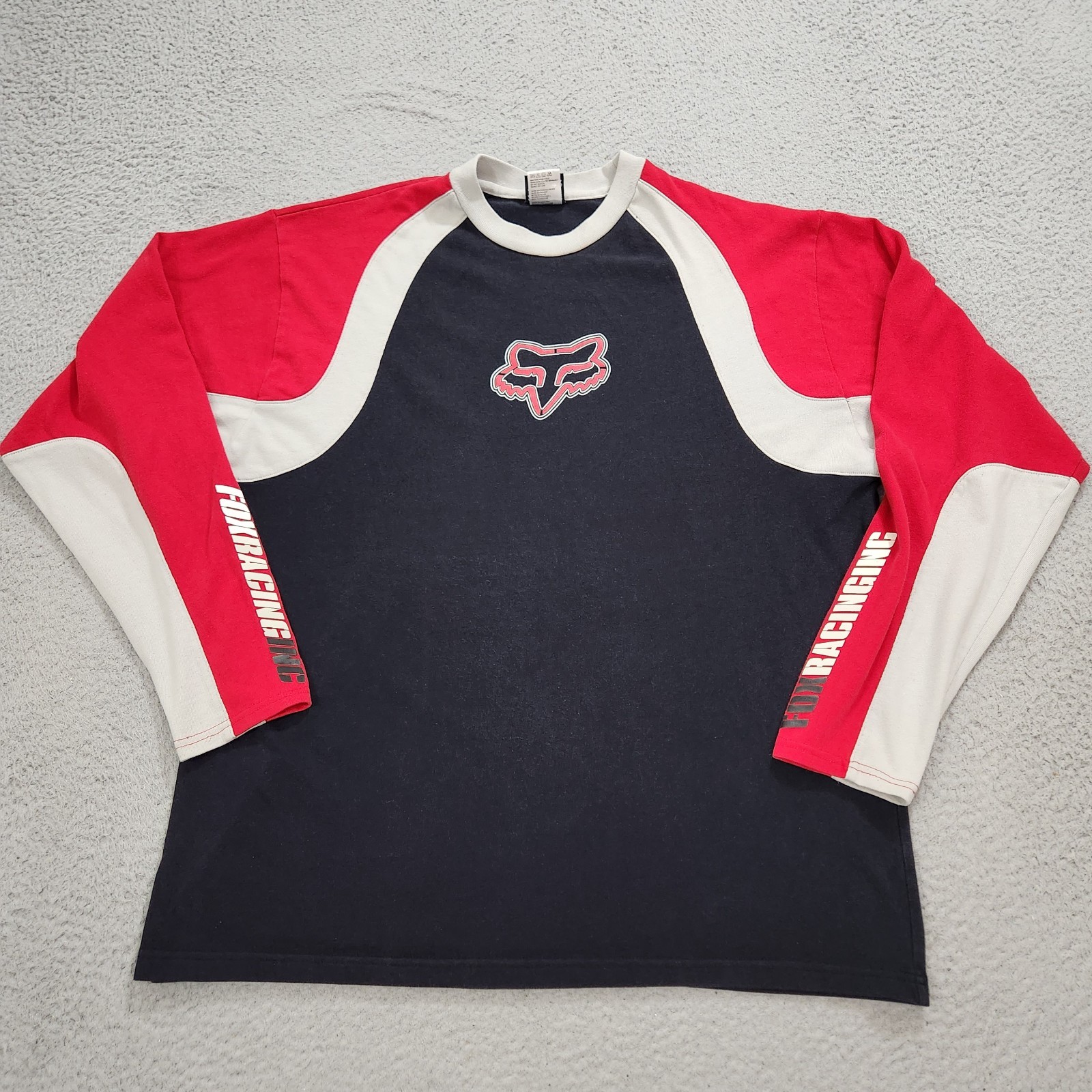 Fox Racing T Shirt Mens XXL 2XL Red Black Colorblock Spell Out Logo Long Sleeve