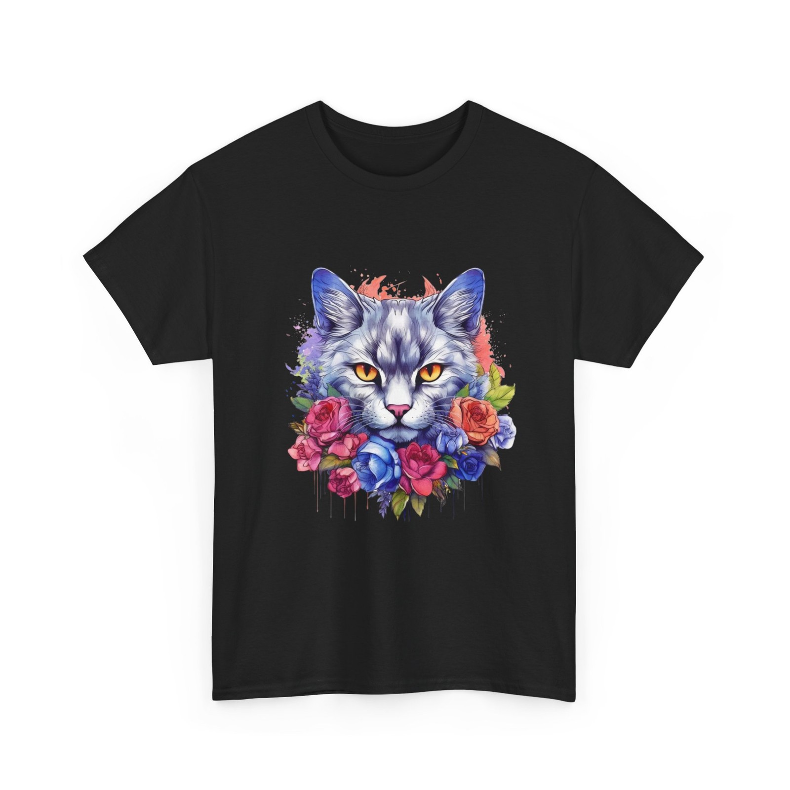 Pretty Cat T-Shirt Colorful Kitten Face Floral Artistic Roses Graphic Tee