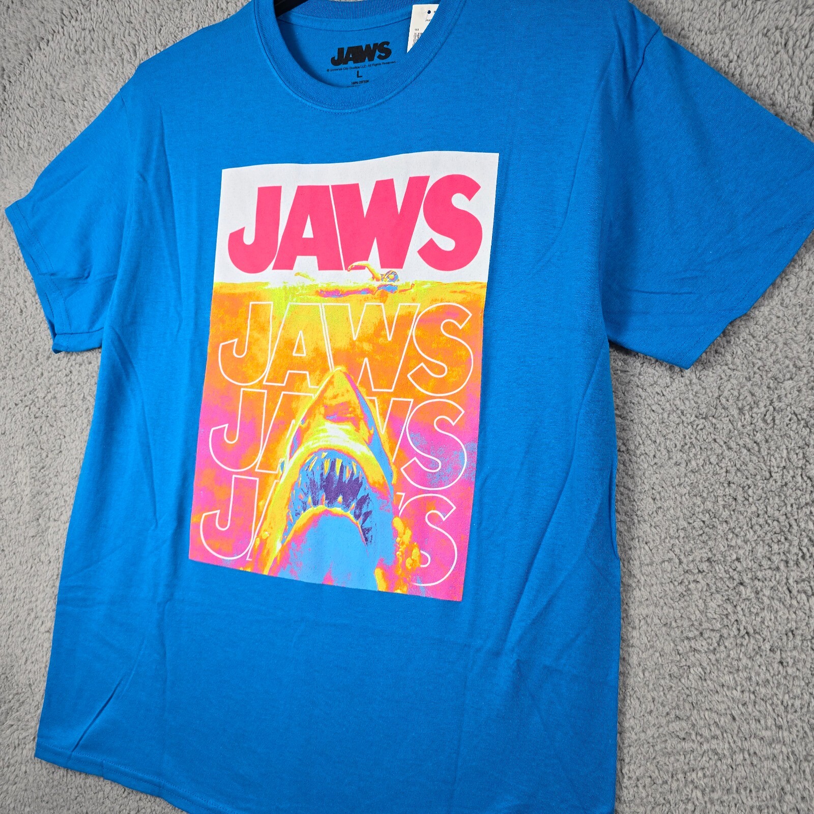 JAWS Shirt Mens Large Blue Orange Casual Movie Film Shark Poster Swimmer NWT