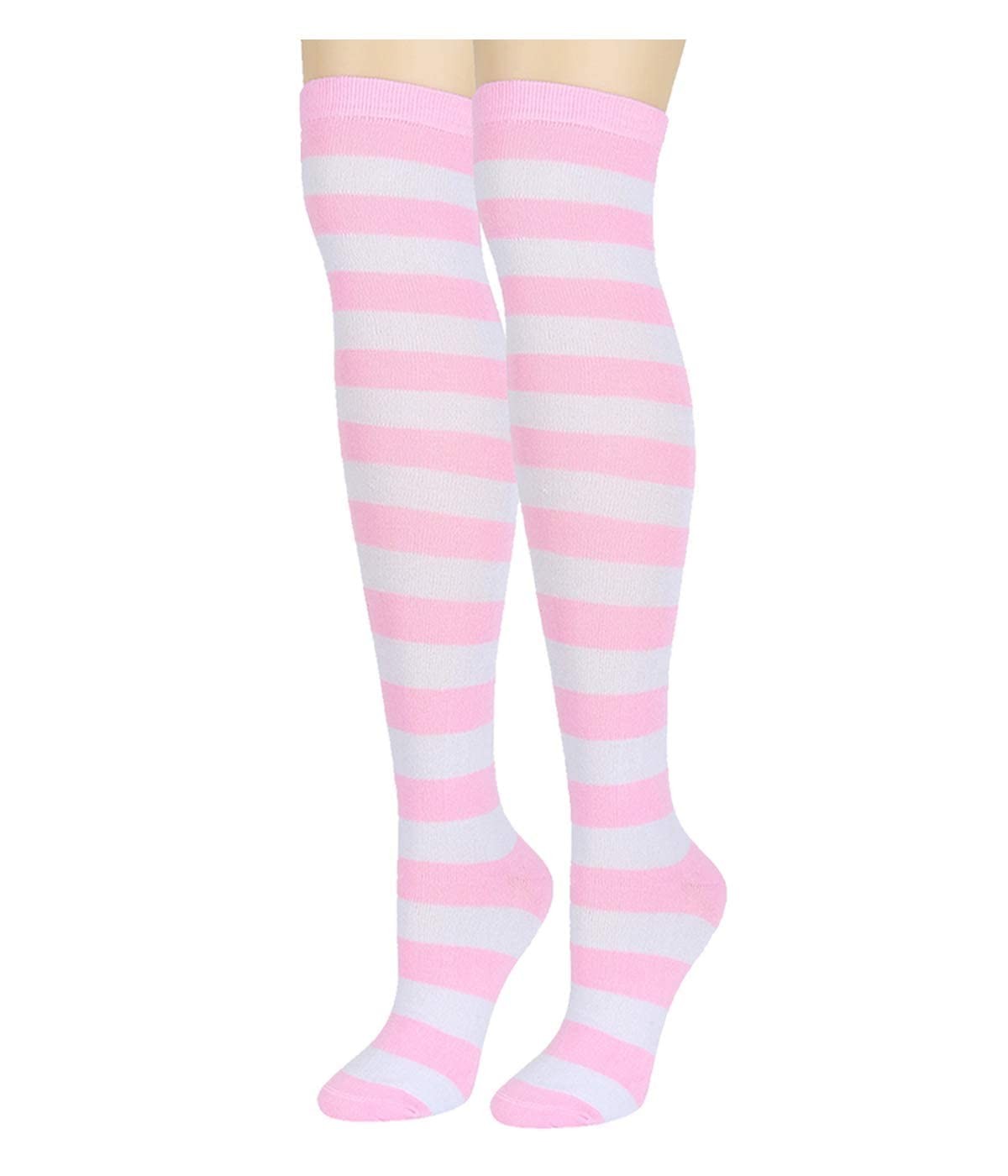 Striped Thigh High Socks for Women Pink and White Over Knee High Socks Cotton…