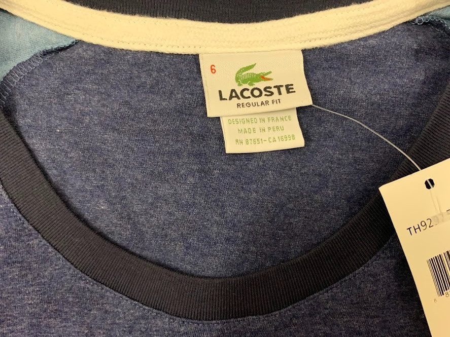 Lacoste Shirt Mens Size 6 Large XL NWT Blue Colorblock Raglan Tee Cotton Peru
