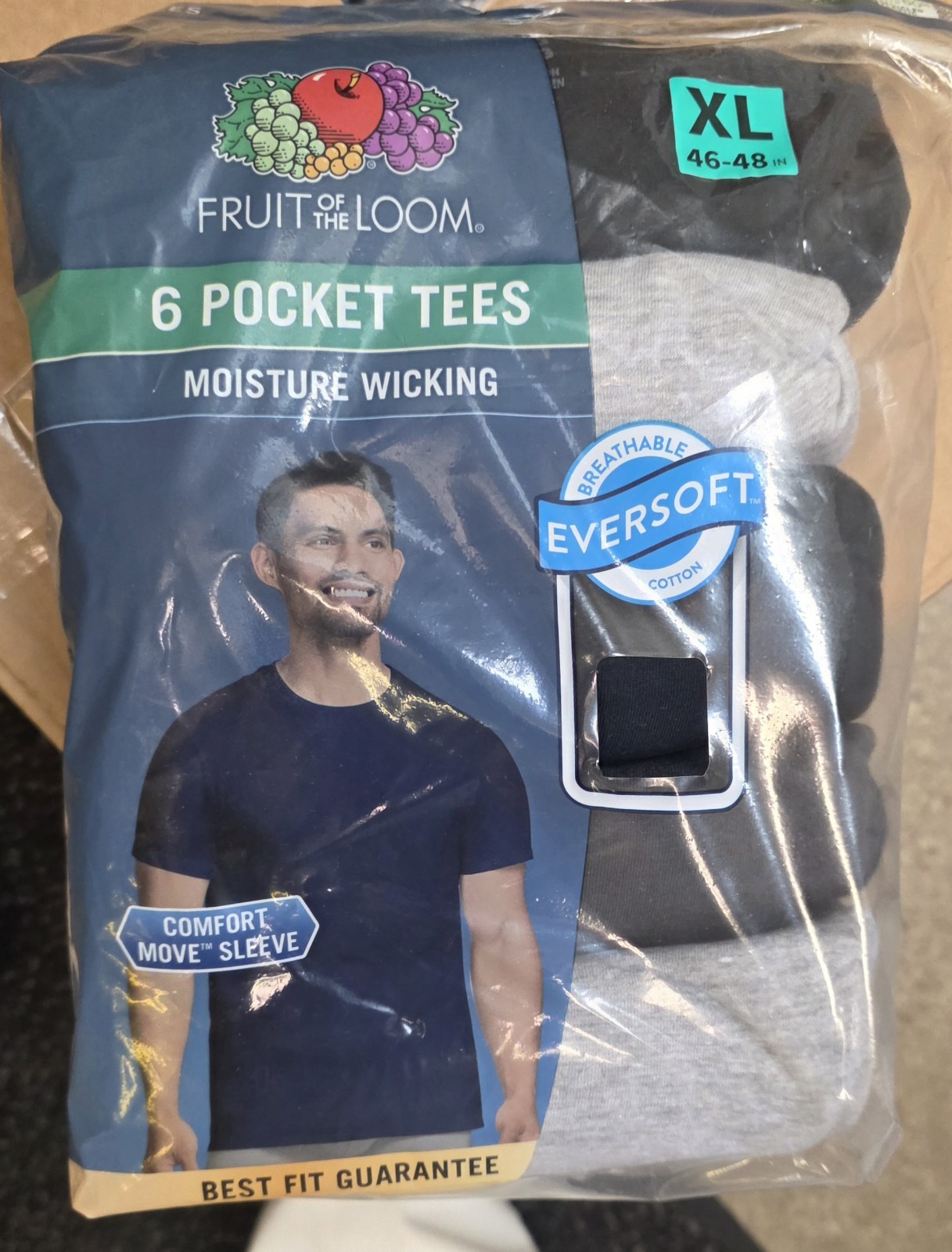 Fruit Of The Loom Men’s 6pk Pocket Tees Size L New Moisture Wicking Eversoft