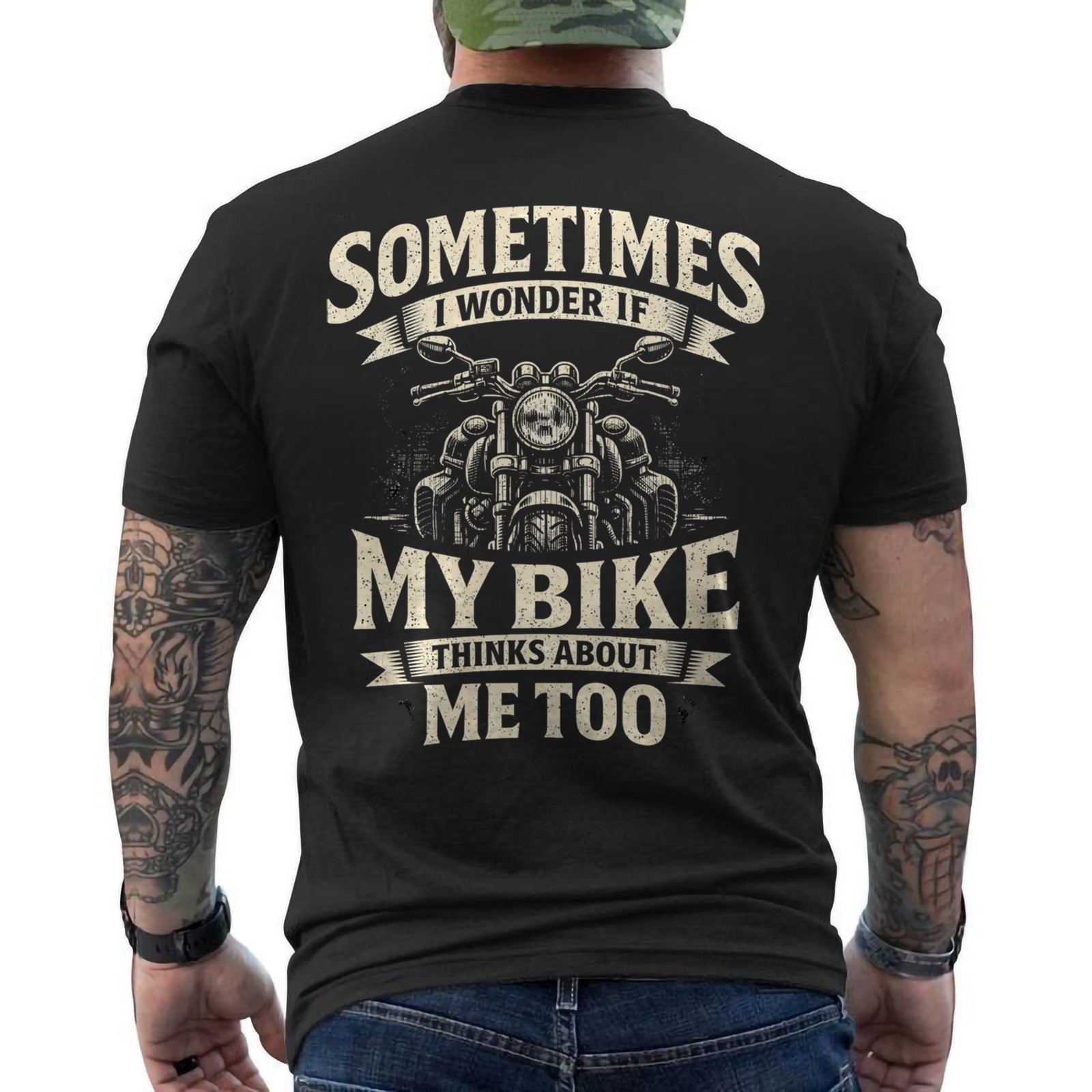 Funny Motorcycle Quote My Bike Thinks Me Biker ON BACK T-Shirt