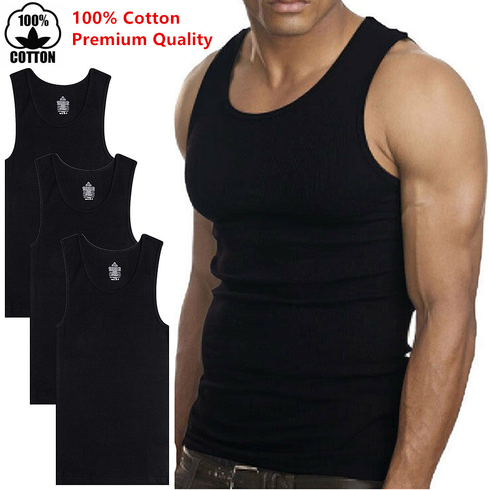 3-6 Packs Mens 100% Cotton Tank Top A-Shirt Wife-Beater Undershirt Ribbed Black