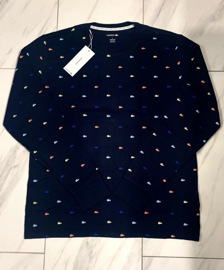 Lacoste Men’s Sleepwear Thermal Long Sleeve T-Shirt Navy Blue New