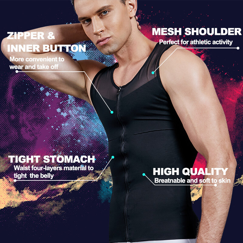 Men’s Zipper Body Shaper Toning T-Shirt Ultra Durable Vest Compression Underwear