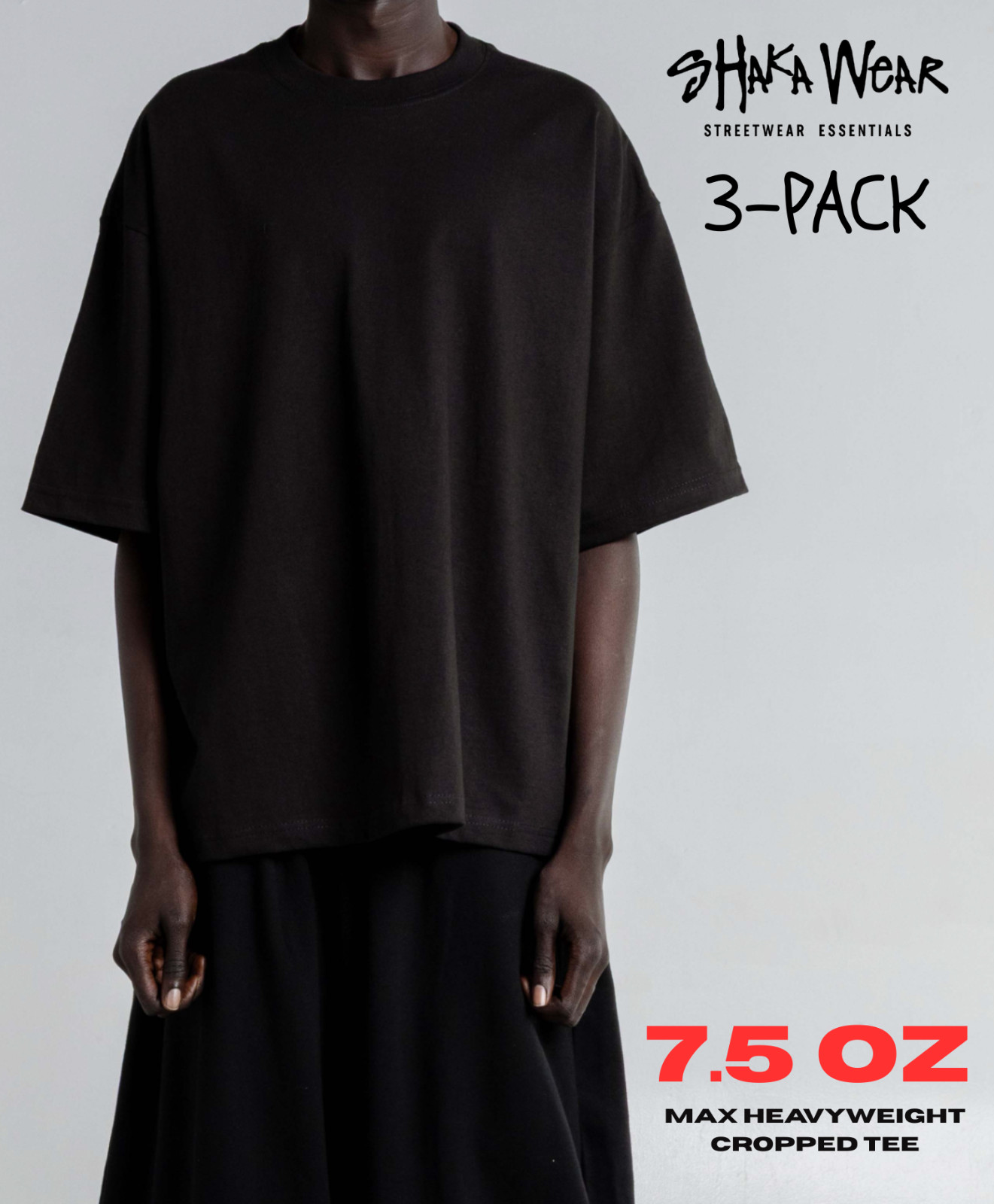 3-PACK Shaka Wear 7.5oz Heavyweight Cropped T-Shirt Boxy Tee Unisex BLACK