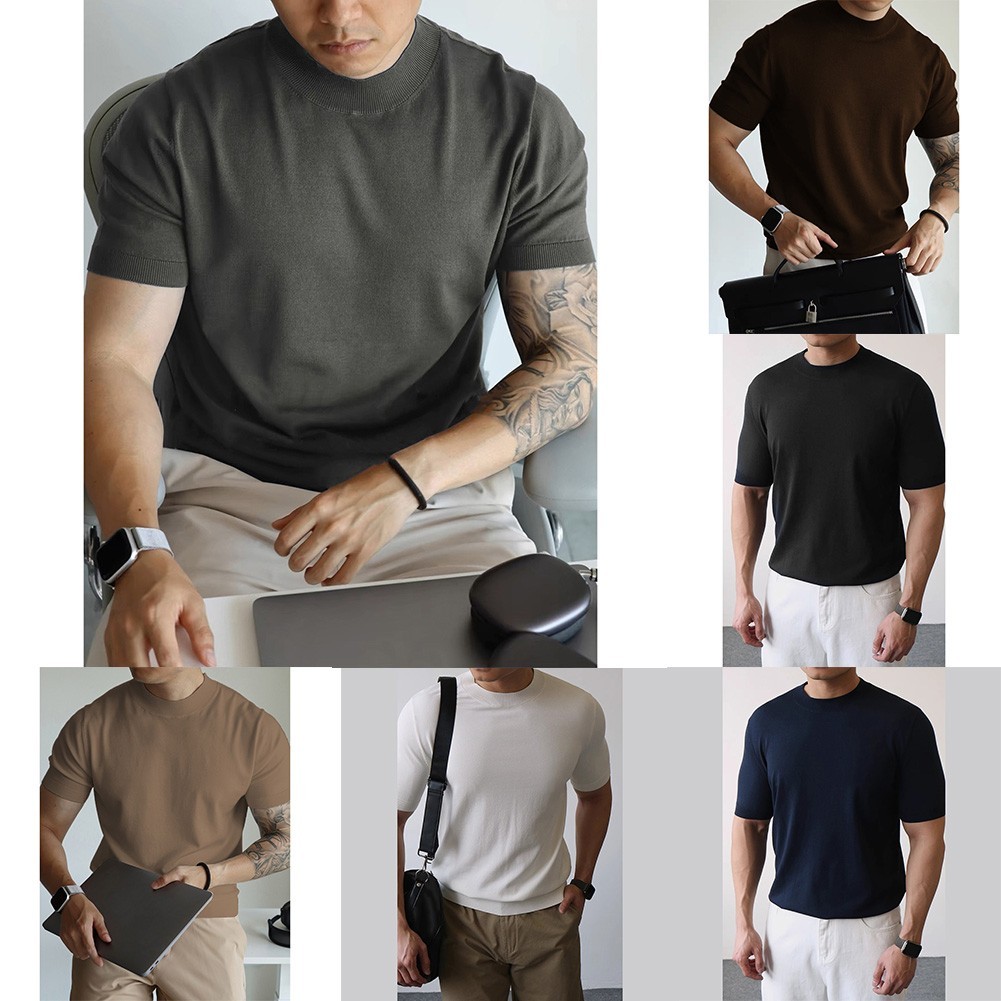 Mens Knitted Half-High Collar Short Sleeve T-Shirt Casual Slim Knit Pullover Top