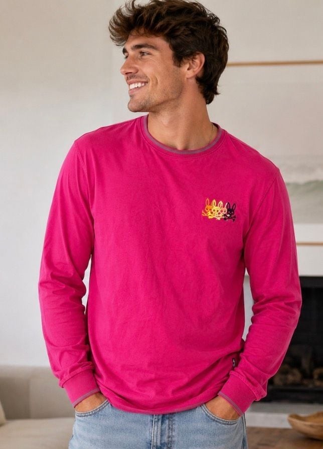 Psycho Bunny Multi-Colored Bunny Logo Long Sleeve Pima Cotton T-Shirt