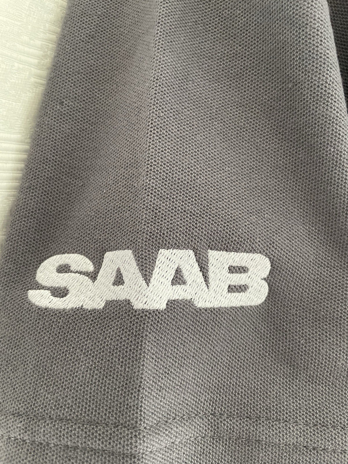 Mens Rich Cotton Polo TShirt SAAB Embroidered Chest Roundel & Sleeve Solid Grey