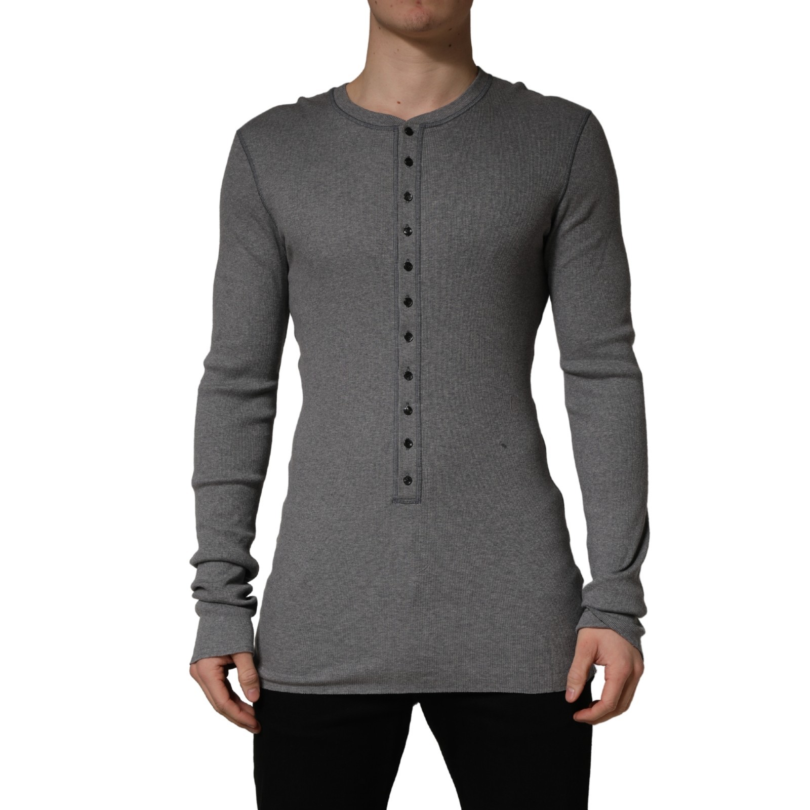 DOLCE & GABBANA T-shirt Gray Ribbed Cotton Long-Sleeve Henley IT48/US38/M 830usd