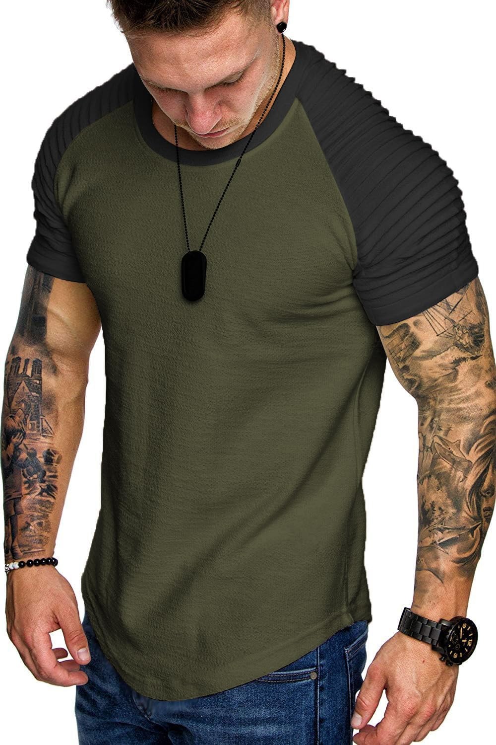 Men’s Muscle T-Shirt Pleated Raglan Sleeve Bodybuilding Gym Tee Short Sleeve …