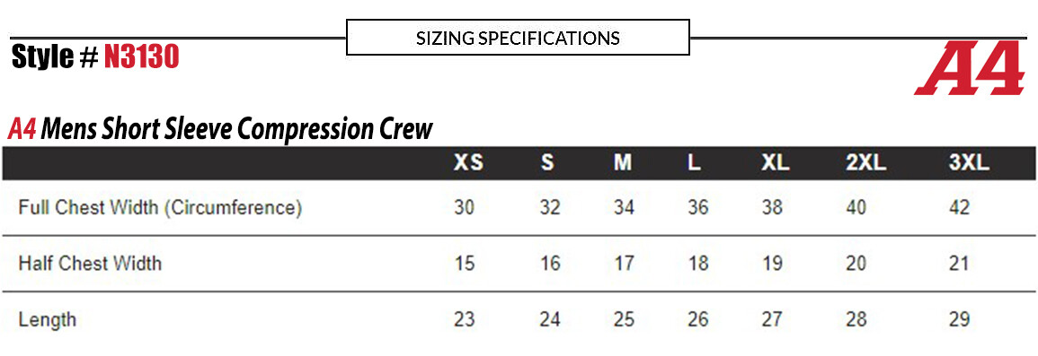 A4 Mens 80% Polyester / 20% Spandex Short Sleeves Compression Crew N3130 XS-3XL