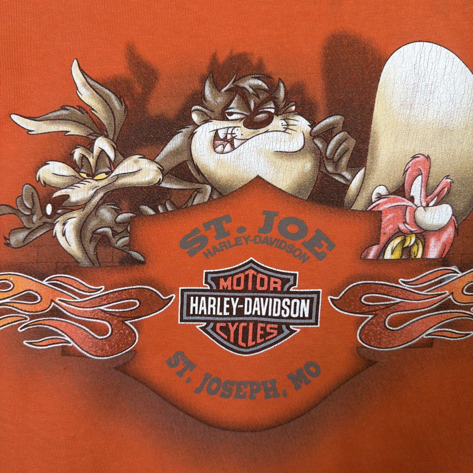 Vintage Harley Davidson Shirt 2XL Orange 90s Long Sleeve Flames Looney Tunes