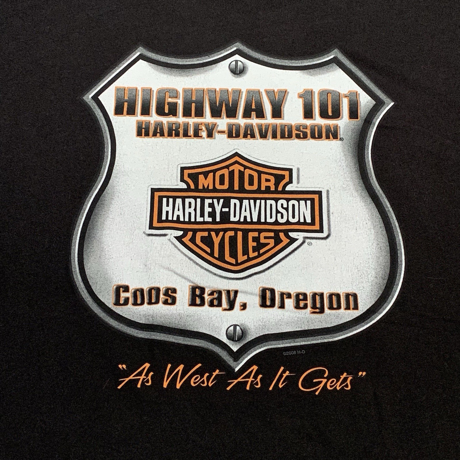 Harley Davidson Mens XL Black T Shirt Biker Motorcycle Coos Bay Oregon Skull Y2K