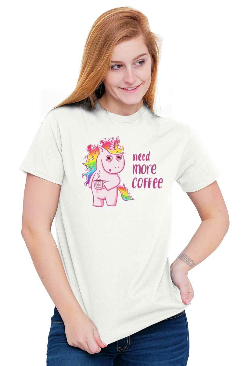 Funny Tired Unicorn Need More Coffee Joke Womens Graphic Crewneck T Shirt Tee