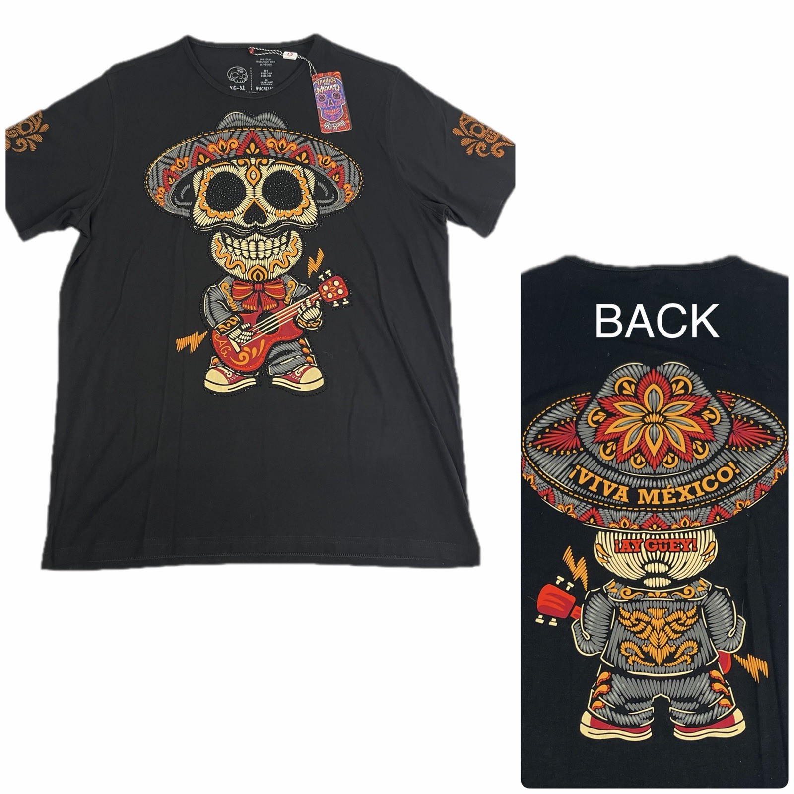 AY GUEY “Chapatin” Men’s Beaded Short Sleeve Tee Mexican Skull Mariachi Black XL