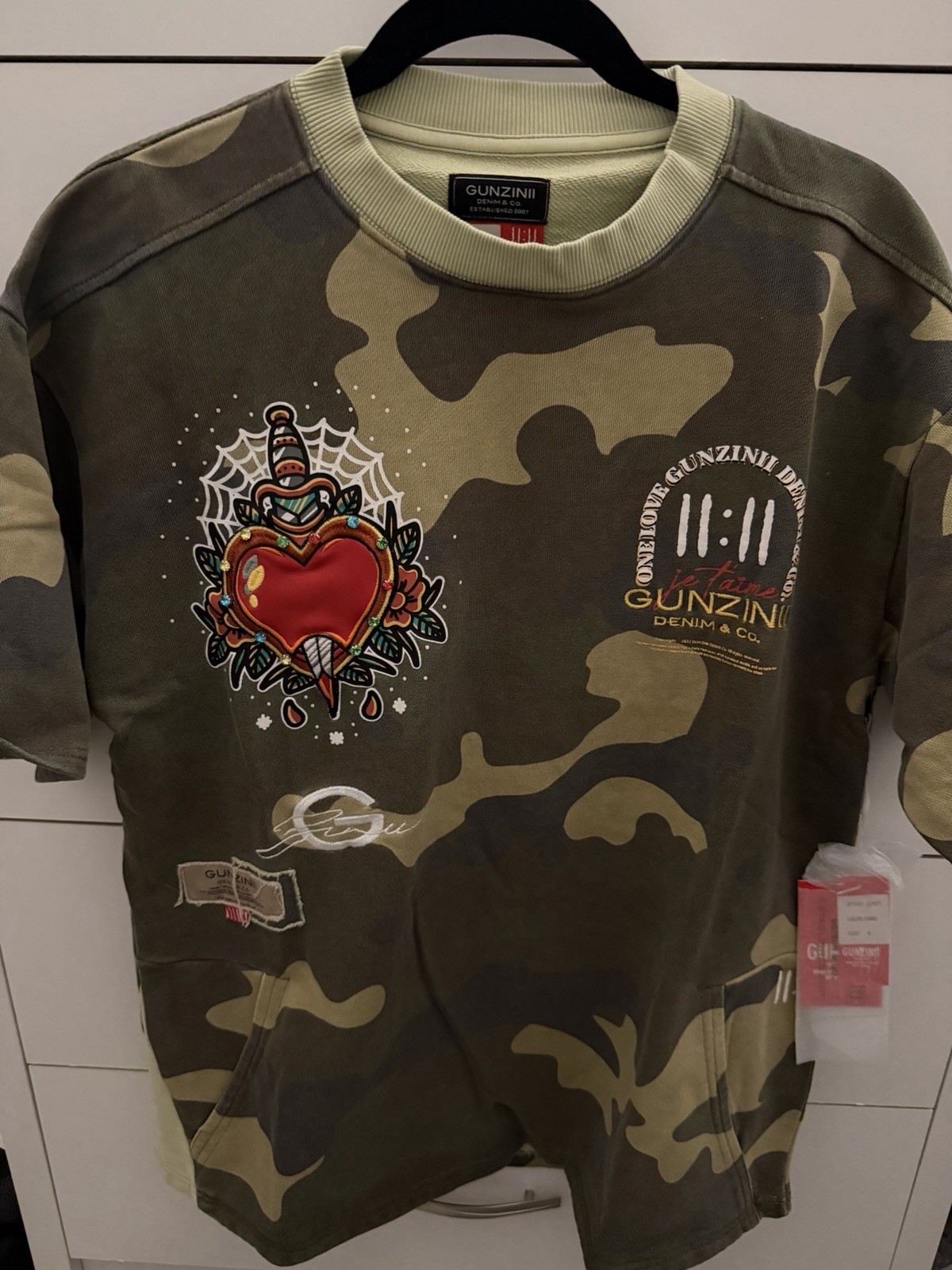 GUNZINII Denim & Co. Camouflage Heart Tattoo Graphic Crew Neck T-Shirt