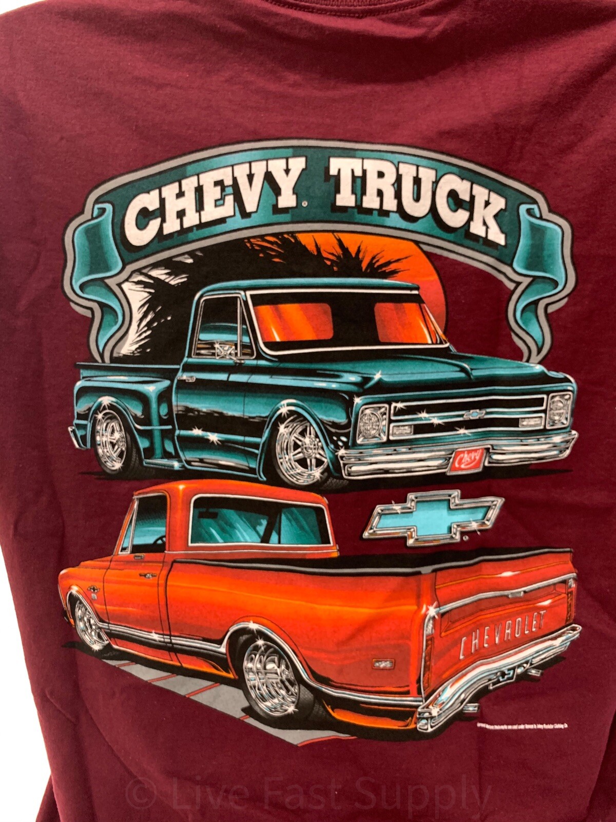 1967-72 Chevy C10 Pickup T-Shirt – Maroon w/ Orange & Teal Trucks (Licensed)