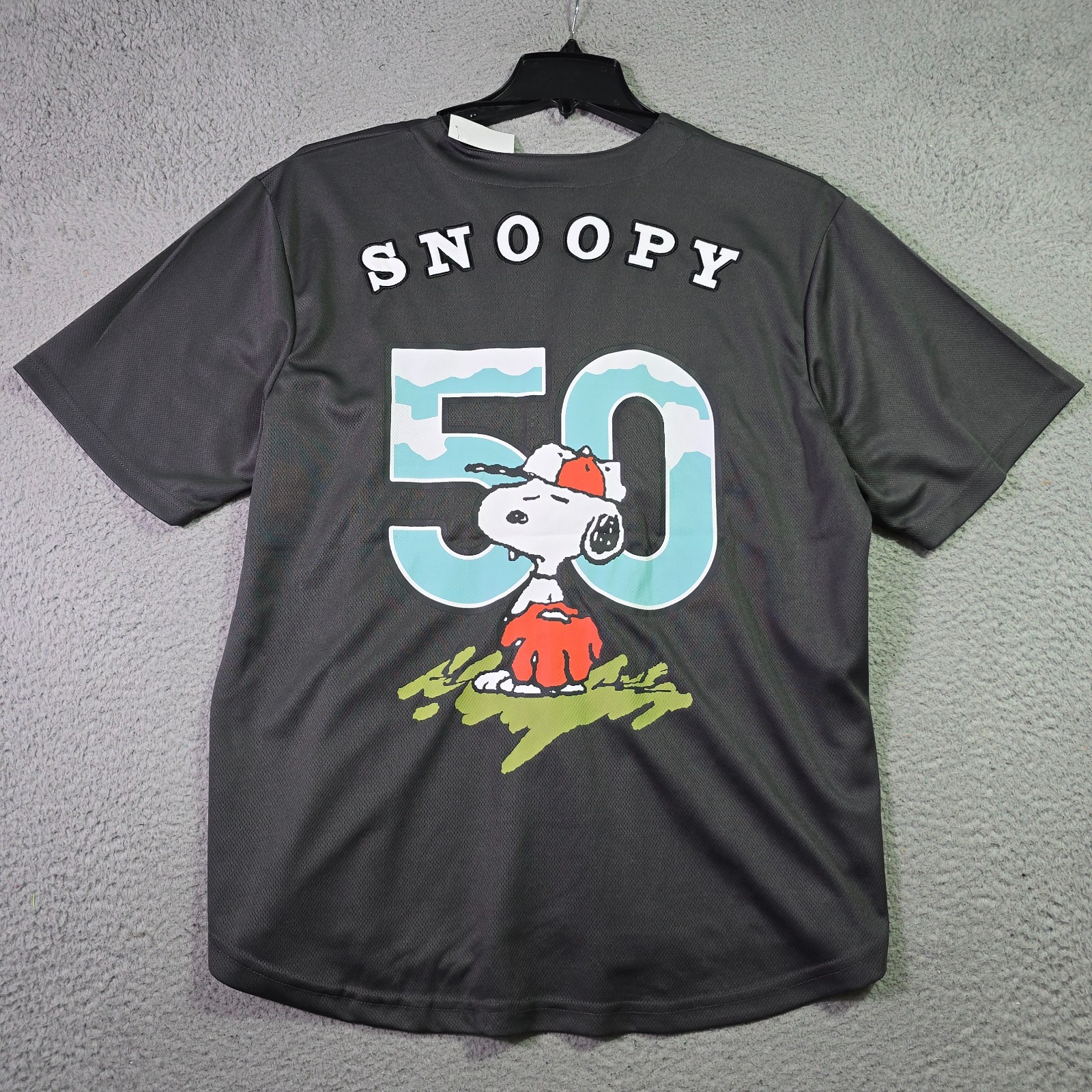 Peanuts® Snoopy Baseball Jersey shirt Mens Large Black Charlie Brown Button NWT