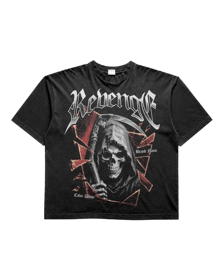 Men’s Vintage Washed Graphic T-Shirt Grim Reaper Mirror Print Streetwear Tee
