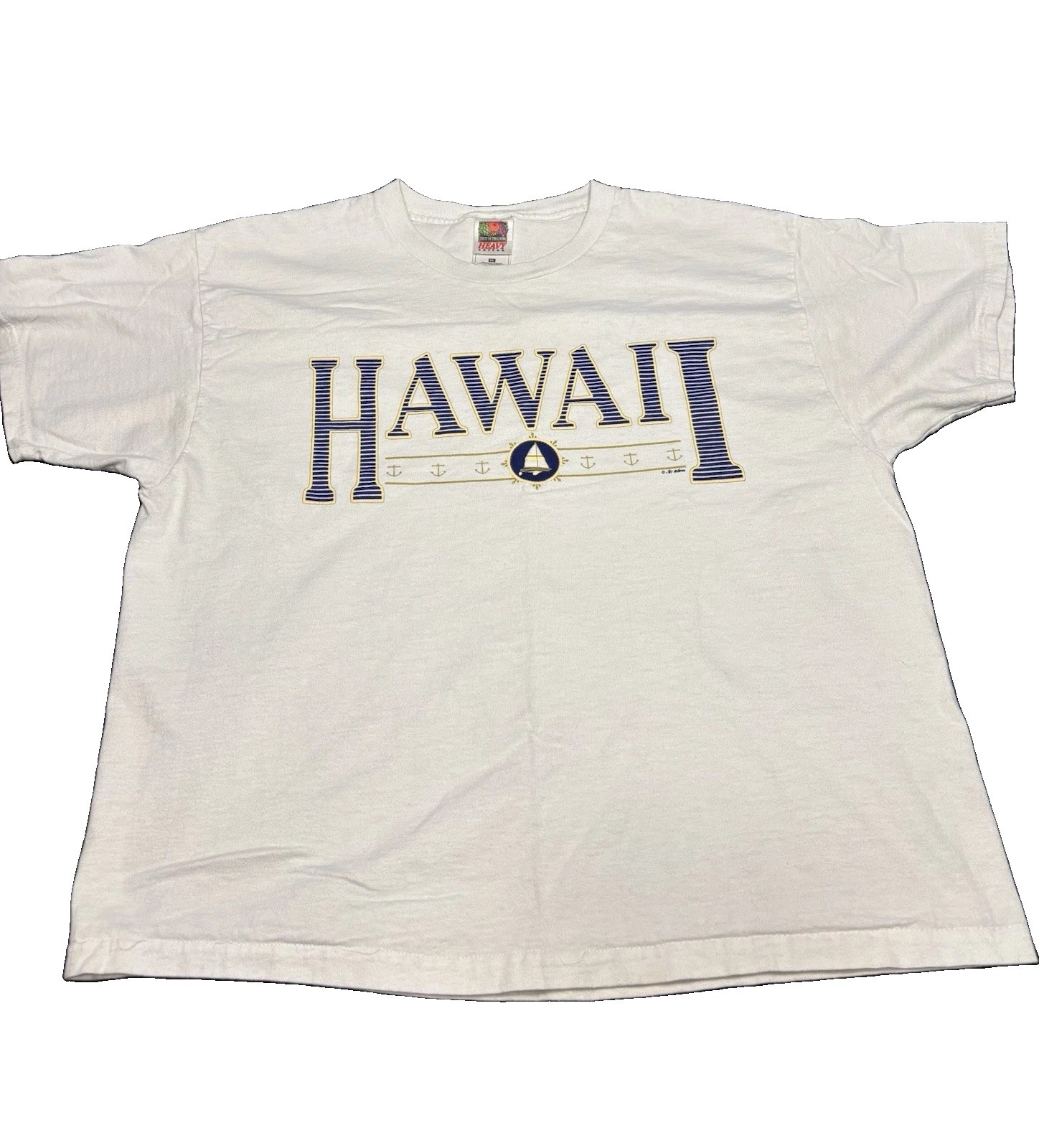 Fruit of the Loom Men’s XL White Hawaii Graphic Print Heavy Cotton Crew Neck Tee