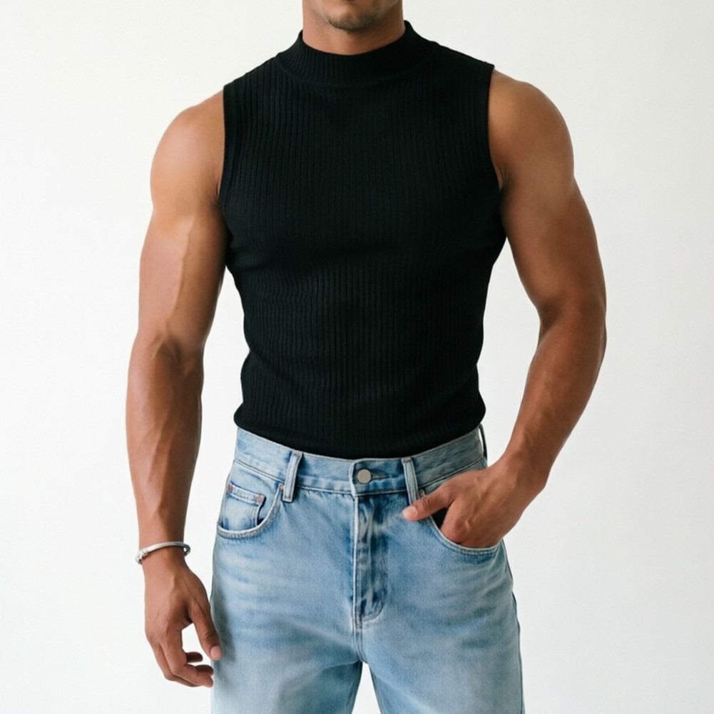 Men Ribbed Sleeveless Tank Top with Half Turtleneck Neckline Casual Vest