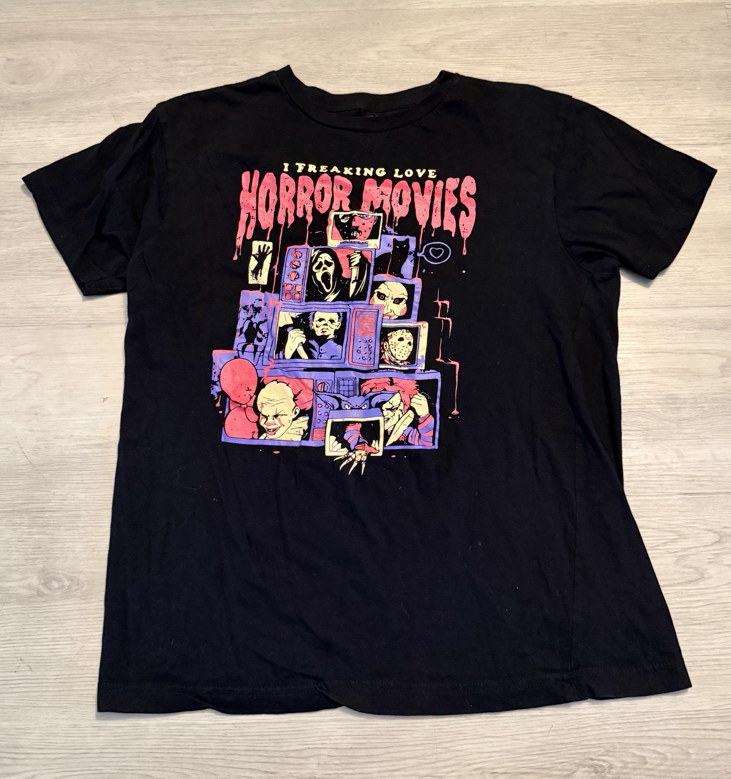 I Freaking Love Horror Movies TV Halloween Tee No Evil Graphic Print Shirt Sz M