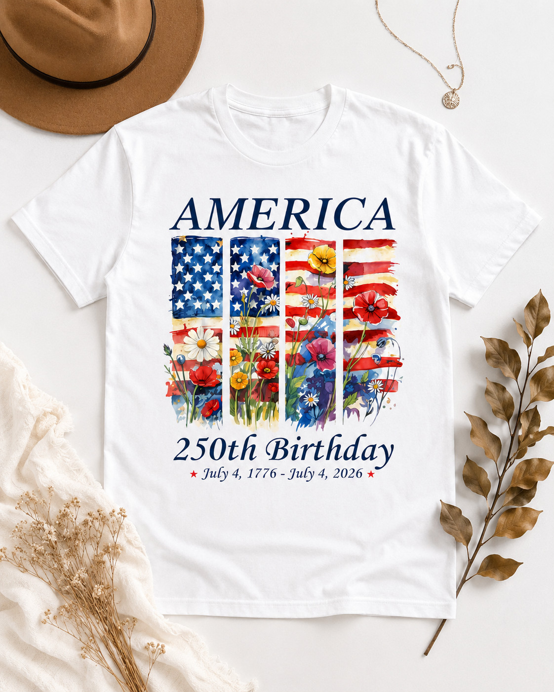 America 250 Years Flag Floral Graphic T-Shirt, 250th Anniversary Patriot Shirt