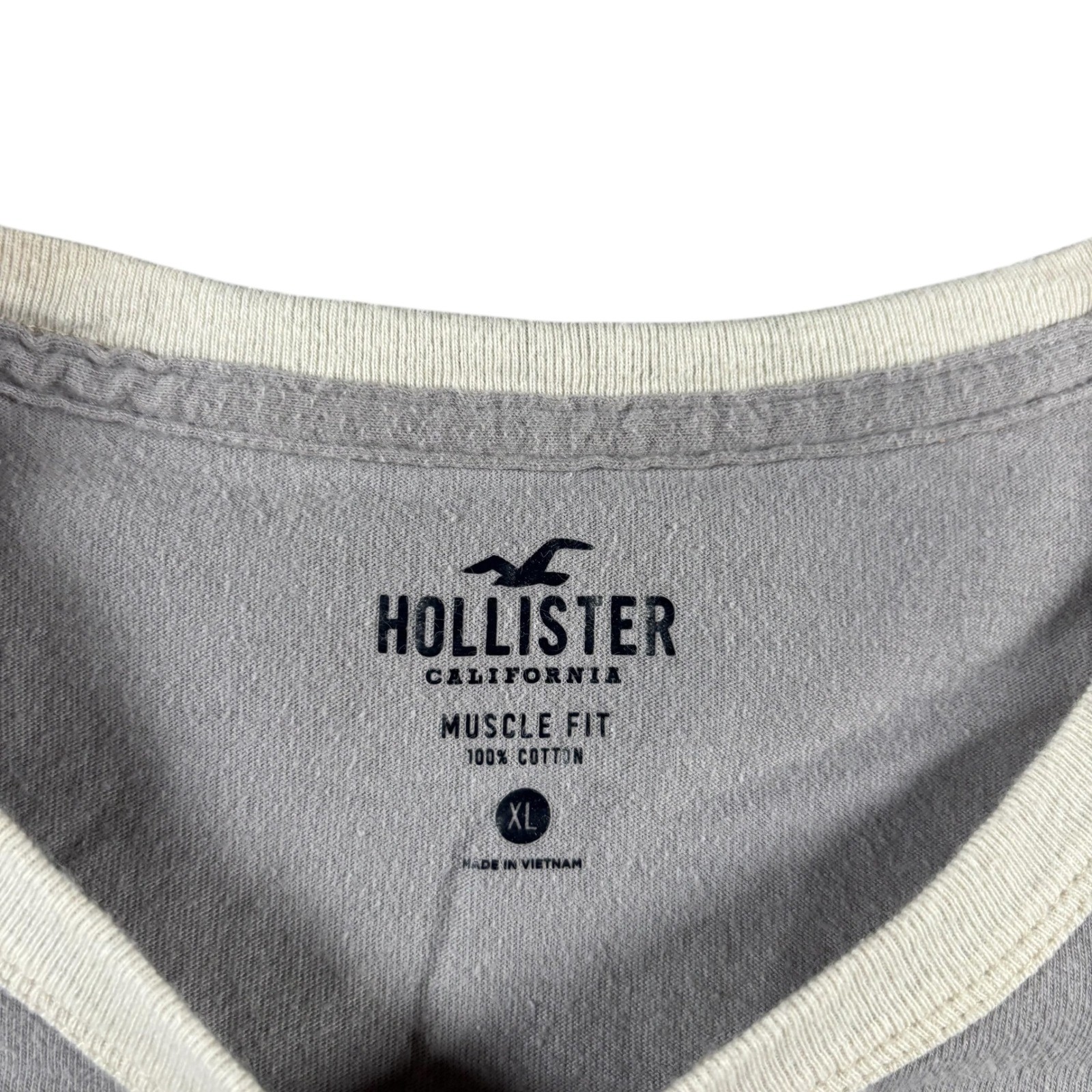 Hollister Mens Muscle Fit Ringer T-Shirt Gray Cream Trim Cotton XL Short Sleeve