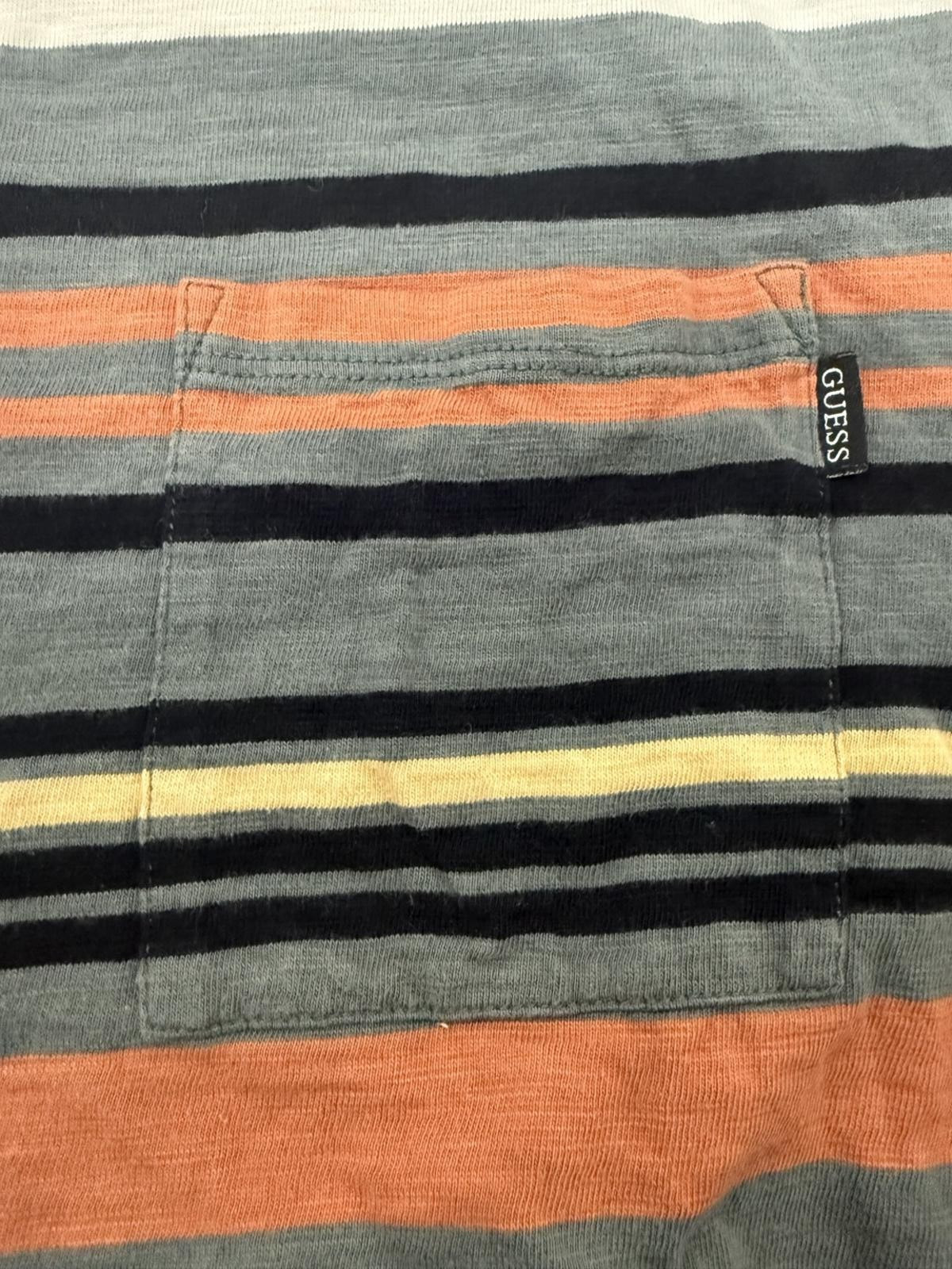 Guess Original Design Striped Pocket T Shirt Mens Small Green Orange Cotton Tee