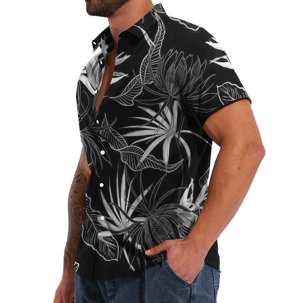 Button Down Shirts Men Black White Hawaiian Dress Short Sleeve Party Up Soft Tee
