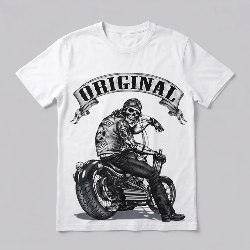 Original Biker Skull Graphic T-Shirt Motorcycle Rider Tee