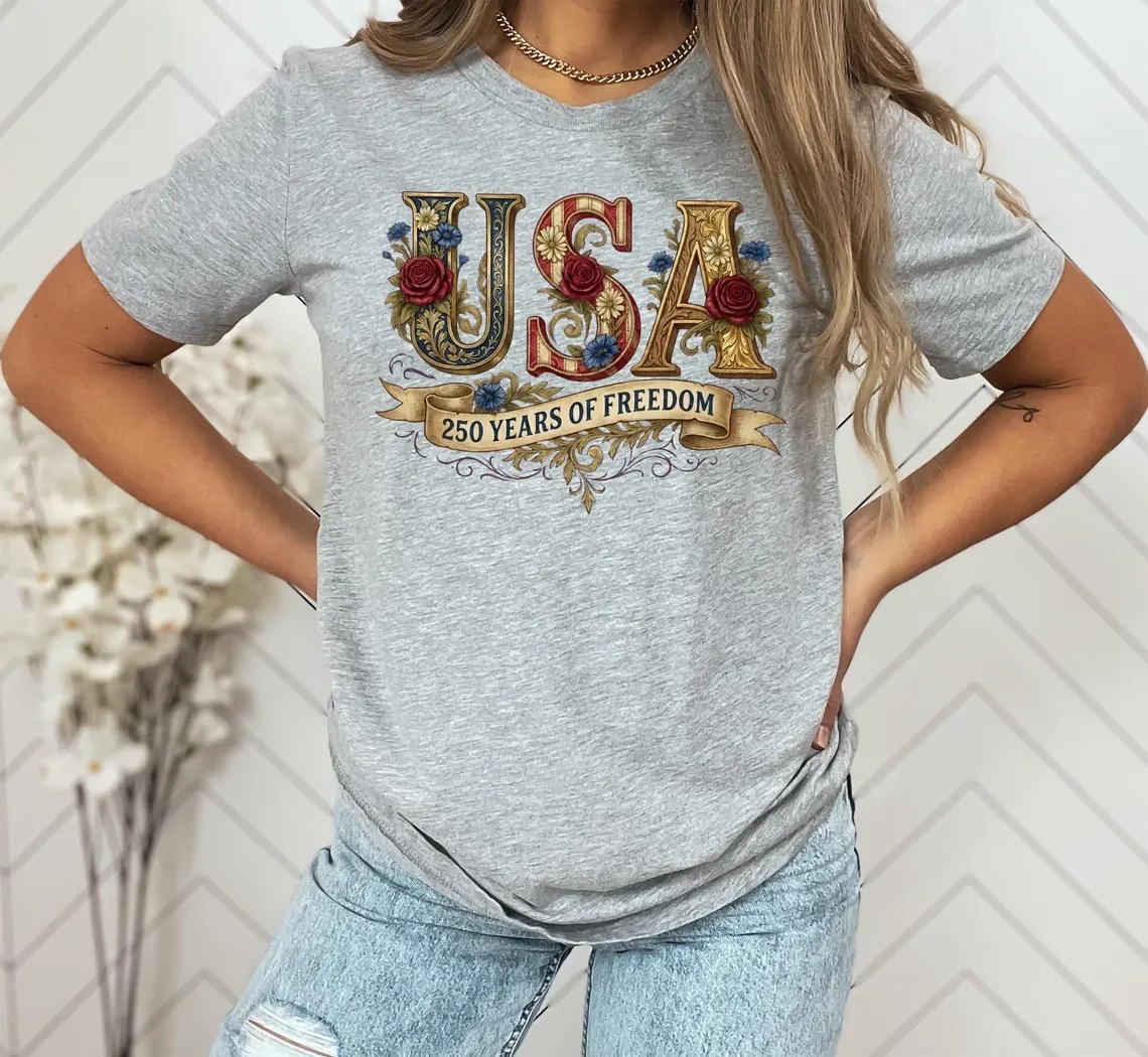 Retro USA 250 Shirt: Floral Patriotic Tshirt Independence Day Celebration