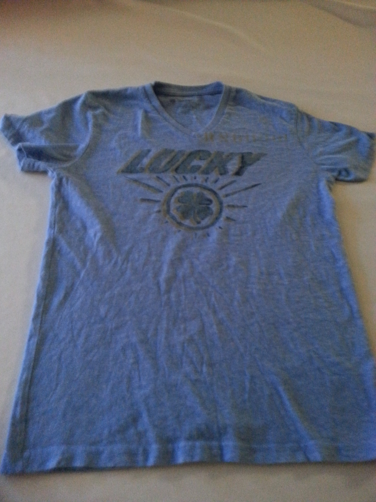 LUCKY BRAND MENS SMALL S V-NECK BLUE SHAMROCK IRISH POLY COTTON RAYON