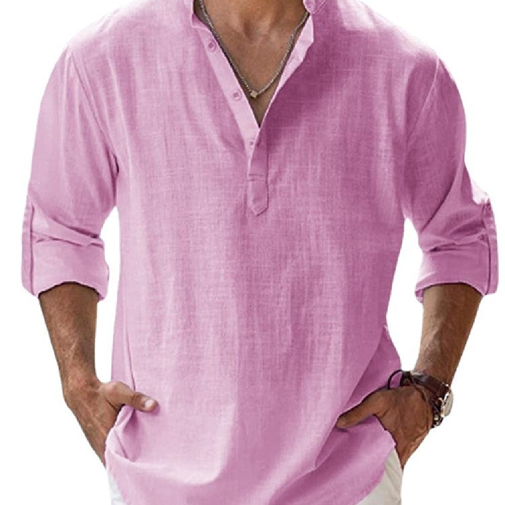 Men’s Casual Henley Shirt Long Sleeve Linen Cotton Loose Fit Summer T-Shirt