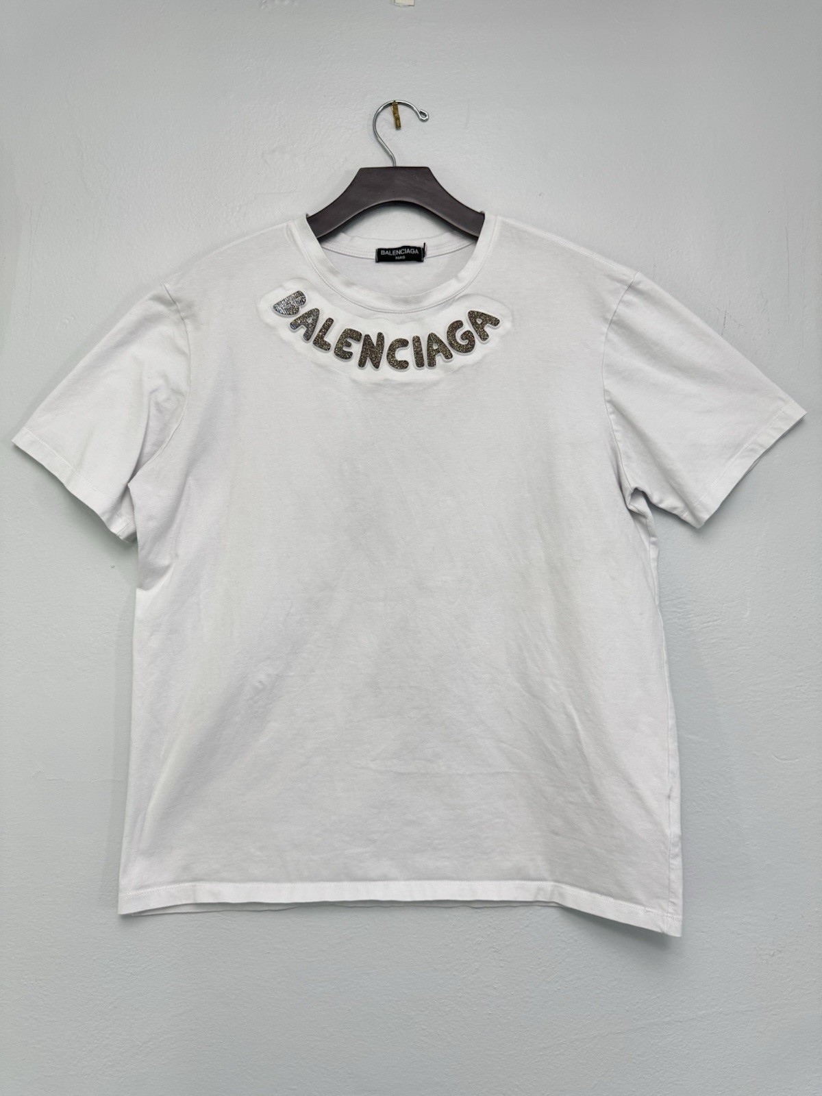 Balenciaga White T-Shirt 3D Logo Glitter Rhinestone Embellished Mens Size XL