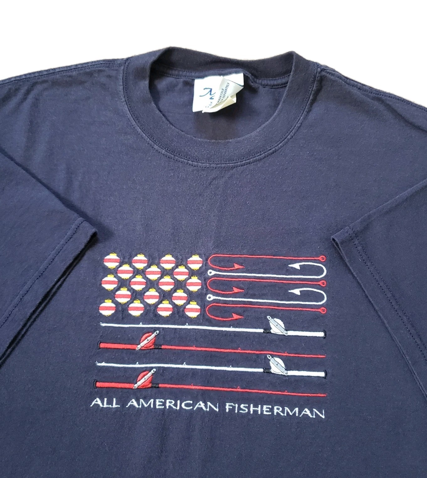 Vintage 90s All American Fisherman Flag Sz XL Embroidered Mens Navy Blue T-Shirt